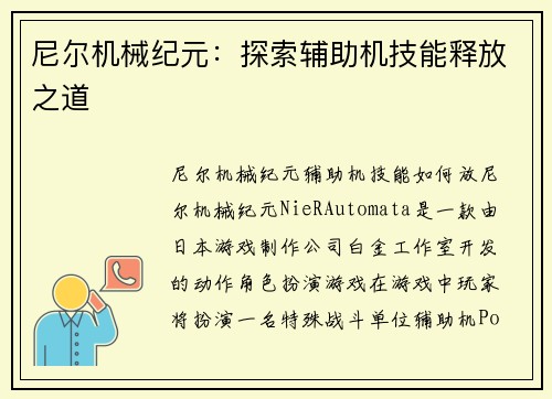 尼尔机械纪元：探索辅助机技能释放之道