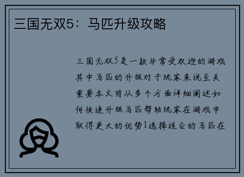 三国无双5：马匹升级攻略